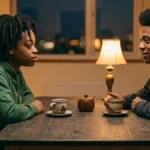 Ilustrasi deep talk artinya — dua orang duduk berhadapan dalam percakapan mendalam yang intim di kafe yang tenang