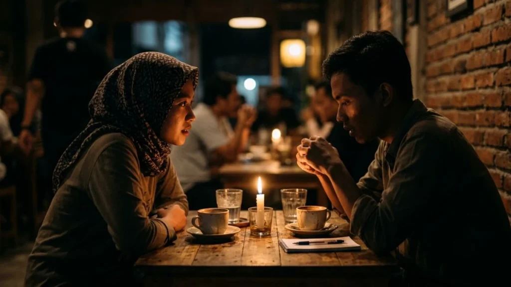 Dua orang ngobrol serius di kafe malam hari menggambarkan makna deeptalk artinya percakapan mendalam