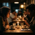 Dua orang ngobrol serius di kafe malam hari menggambarkan makna deeptalk artinya percakapan mendalam