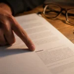 Tangan menunjuk bagian disclaimer di dokumen tercetak menggambarkan makna disclaimer artinya pernyataan pembatas tanggung jawab