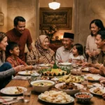 Keluarga besar Indonesia duduk makan bersama menggambarkan makna family gathering artinya pertemuan keluarga