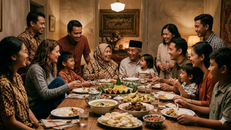 Keluarga besar Indonesia duduk makan bersama menggambarkan makna family gathering artinya pertemuan keluarga