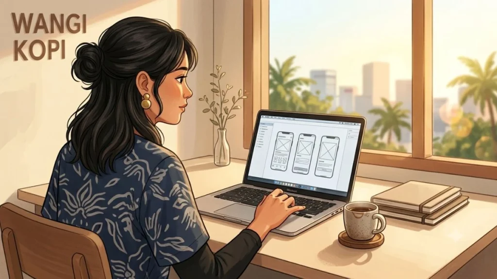 Ilustrasi seseorang mengetik di laptop menggambarkan makna follow up artinya menindaklanjuti