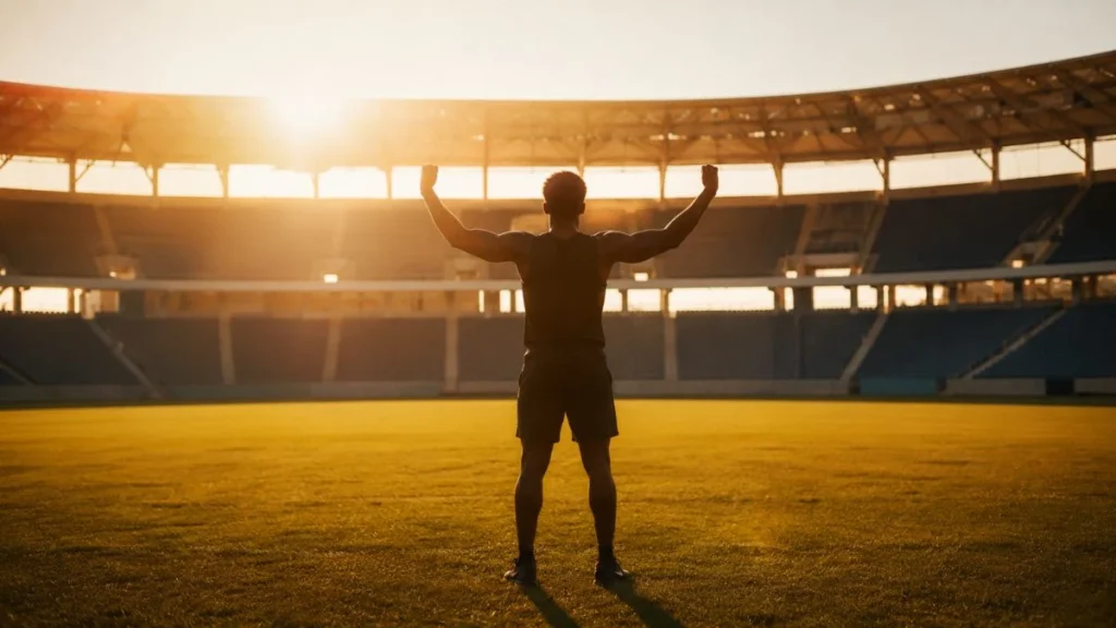 Atlet berdiri sendirian di stadion saat golden hour menggambarkan makna GOAT artinya Greatest of All Time yang terhebat sepanjang masa