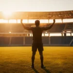 Atlet berdiri sendirian di stadion saat golden hour menggambarkan makna GOAT artinya Greatest of All Time yang terhebat sepanjang masa