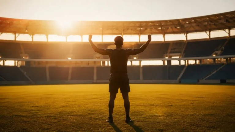 Atlet berdiri sendirian di stadion saat golden hour menggambarkan makna GOAT artinya Greatest of All Time yang terhebat sepanjang masa