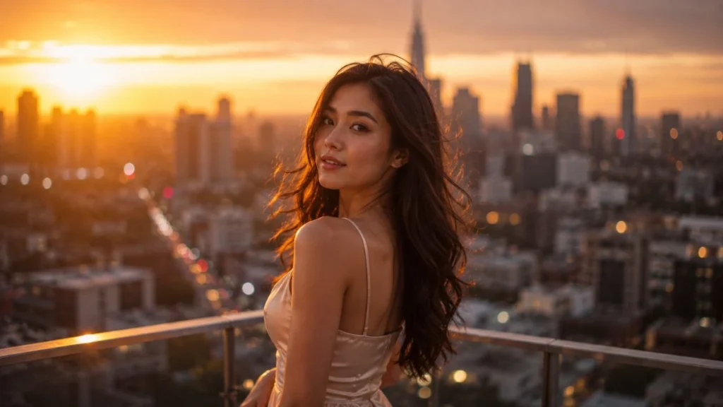 Perempuan berdiri elegan di rooftop dengan latar kota memukau menggambarkan makna gorgeous artinya sangat indah dan menawan