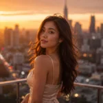 Perempuan berdiri elegan di rooftop dengan latar kota memukau menggambarkan makna gorgeous artinya sangat indah dan menawan