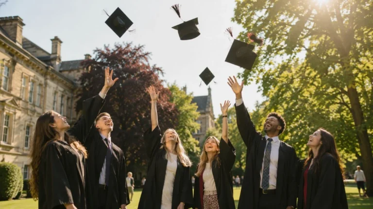 Ilustrasi graduation artinya — sekelompok wisudawan melempar topi toga ke udara dengan ekspresi bahagia di hari kelulusan