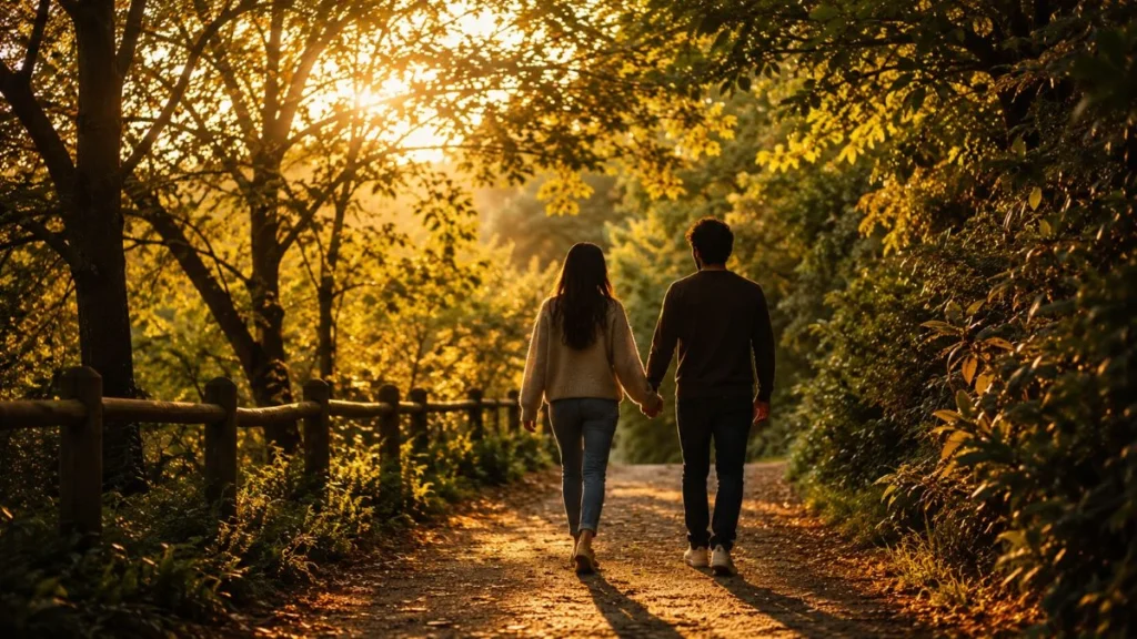 Ilustrasi happily ever after artinya — pasangan berjalan bersama di jalan setapak saat golden hour, menggambarkan kebahagiaan yang dipilih setiap hari