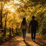 Ilustrasi happily ever after artinya — pasangan berjalan bersama di jalan setapak saat golden hour, menggambarkan kebahagiaan yang dipilih setiap hari