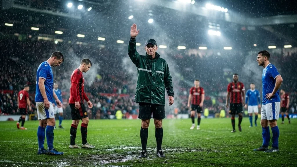 Wasit menghentikan pertandingan di tengah hujan deras menggambarkan makna match interrupted artinya