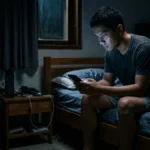 Ilustrasi seseorang menatap layar ponsel di malam hari yang menggambarkan fenomena kata last chat artinya pesan terakhir yang menggantung dalam sebuah hubungan