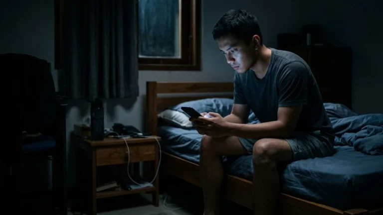 Ilustrasi seseorang menatap layar ponsel di malam hari yang menggambarkan fenomena kata last chat artinya pesan terakhir yang menggantung dalam sebuah hubungan
