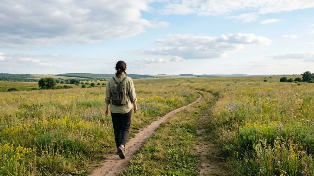 Ilustrasi let them artinya — seseorang berjalan sendirian di jalan terbuka dengan langkah ringan menggambarkan filosofi melepaskan