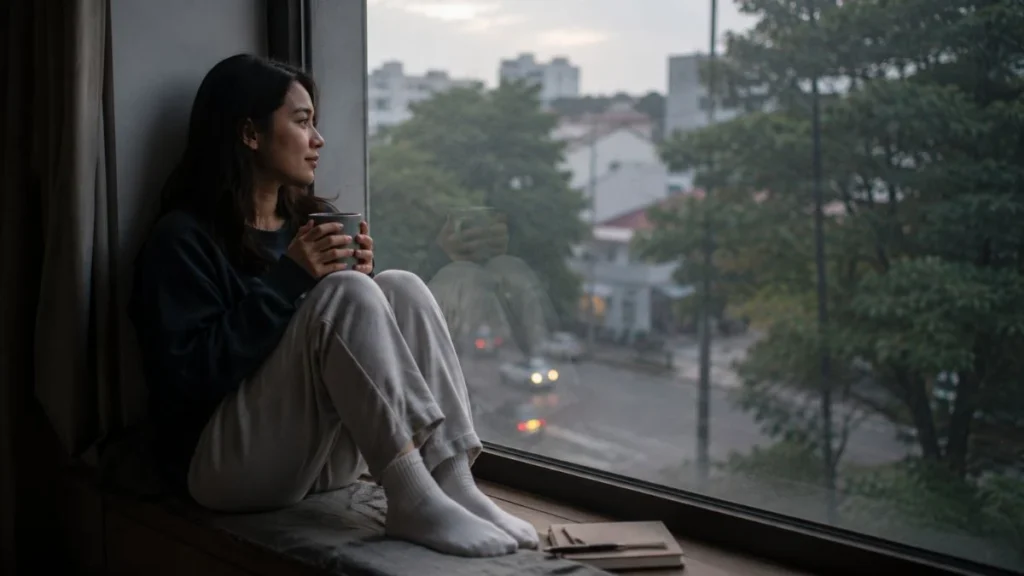 Perempuan duduk merenung sendirian di jendela pagi hari menggambarkan makna life after breakup artinya kehidupan setelah putus cinta
