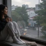 Perempuan duduk merenung sendirian di jendela pagi hari menggambarkan makna life after breakup artinya kehidupan setelah putus cinta