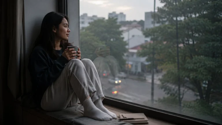 Perempuan duduk merenung sendirian di jendela pagi hari menggambarkan makna life after breakup artinya kehidupan setelah putus cinta