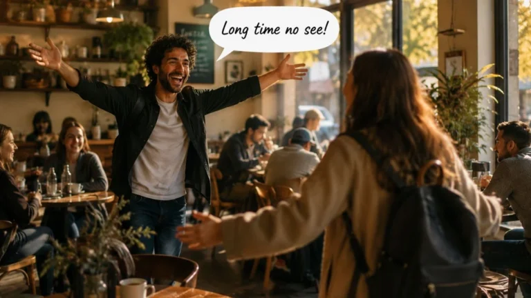 Dua teman lama bertemu kembali dengan penuh semangat di kafe menggambarkan makna long time no see artinya sudah lama tidak bertemu