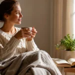 Ilustrasi me time artinya — seseorang duduk nyaman dengan secangkir kopi dan buku di sudut kamar yang tenang tanpa gangguan ponsel