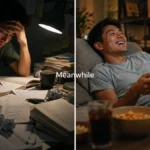 Dua situasi kontras berdampingan menggambarkan makna meanwhile artinya sementara itu yang menunjukkan ironi dua hal yang terjadi bersamaan