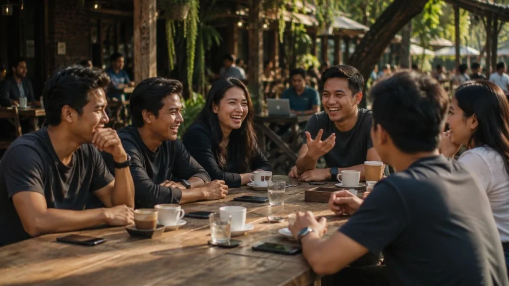 ekelompok anak muda berkumpul dan ngobrol di kafe menggambarkan makna meet up artinya bertemu secara terencana dalam suasana santai