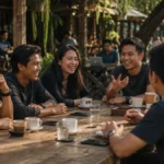 ekelompok anak muda berkumpul dan ngobrol di kafe menggambarkan makna meet up artinya bertemu secara terencana dalam suasana santai