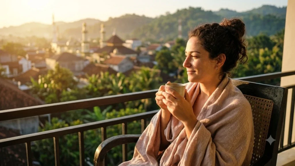 Perempuan menikmati kopi di balkon saat matahari terbit menggambarkan makna morning person artinya orang yang produktif di pagi hari