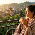 Perempuan menikmati kopi di balkon saat matahari terbit menggambarkan makna morning person artinya orang yang produktif di pagi hari
