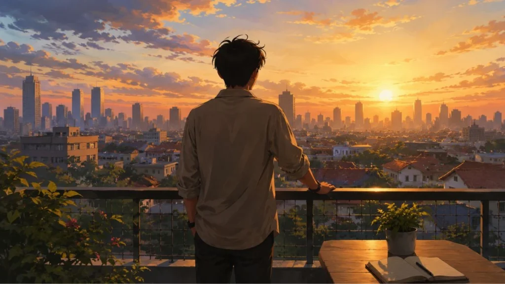 Ilustrasi seseorang berdiri di rooftop saat matahari terbit menggambarkan makna move on artinya