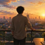 Ilustrasi seseorang berdiri di rooftop saat matahari terbit menggambarkan makna move on artinya
