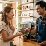 Ilustrasi seorang barista memberikan senyuman ramah yang menggambarkan makna kata my pleasure artinya dengan senang hati saat membalas terima kasih