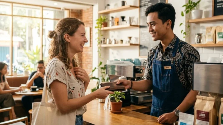 Ilustrasi seorang barista memberikan senyuman ramah yang menggambarkan makna kata my pleasure artinya dengan senang hati saat membalas terima kasih