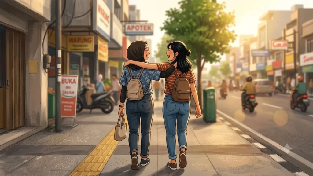 Ilustrasi dua teman berjalan bersama menggambarkan makna need a buddy artinya butuh pendamping