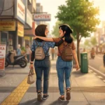 Ilustrasi dua teman berjalan bersama menggambarkan makna need a buddy artinya butuh pendamping