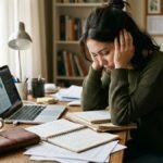 Ilustrasi overwhelmed artinya — seseorang duduk kelelahan di meja belajar yang penuh dengan buku dan kertas, ekspresi kewalahan