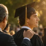 Orang tua meletakkan tangan di bahu anaknya saat wisuda menggambarkan makna proud of you artinya bangga dengan kamu