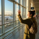 Seseorang melambaikan tangan di bandara menggambarkan makna safe flight artinya semoga penerbangan aman