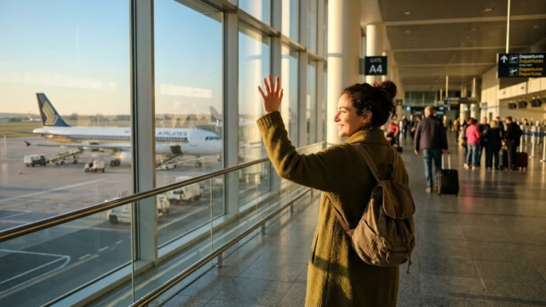 Seseorang melambaikan tangan di bandara menggambarkan makna safe flight artinya semoga penerbangan aman