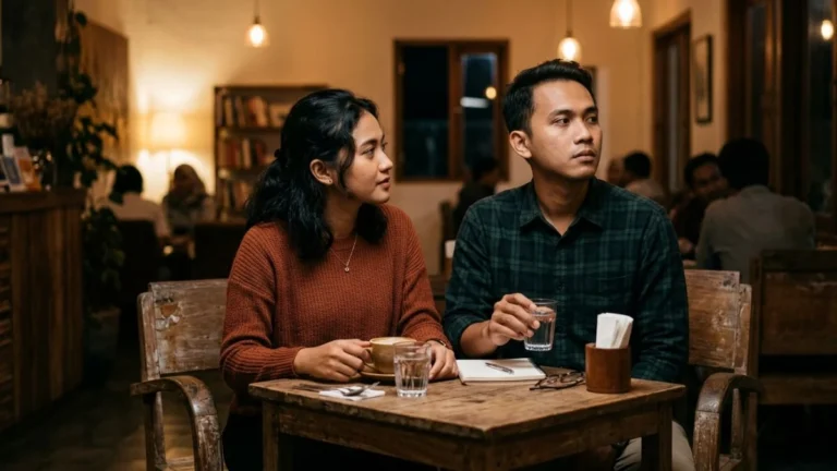 Ilustrasi second choice artinya — dua orang duduk bersama tapi satu menatap ke arah lain, menggambarkan perasaan tidak menjadi prioritas