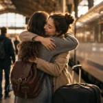 Dua orang berpelukan perpisahan di stasiun kereta menggambarkan makna see you artinya sampai jumpa yang menyiratkan harapan bertemu lagi