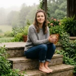 Perempuan duduk tenang di tangga rumah pedesaan sambil menikmati teh menggambarkan makna slow living artinya hidup lebih sadar dan hadir