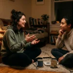 Ilustrasi someone to talk artinya — dua orang duduk di lantai malam hari, satu bercerita dan satu mendengarkan dengan penuh perhatian dalam suasana yang hangat dan aman