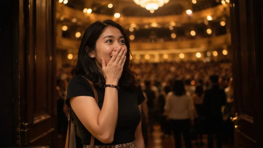 Perempuan menutupi mulutnya dengan ekspresi terkejut dan kagum menggambarkan makna speechless artinya tak bisa berkata-kata