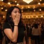 Perempuan menutupi mulutnya dengan ekspresi terkejut dan kagum menggambarkan makna speechless artinya tak bisa berkata-kata