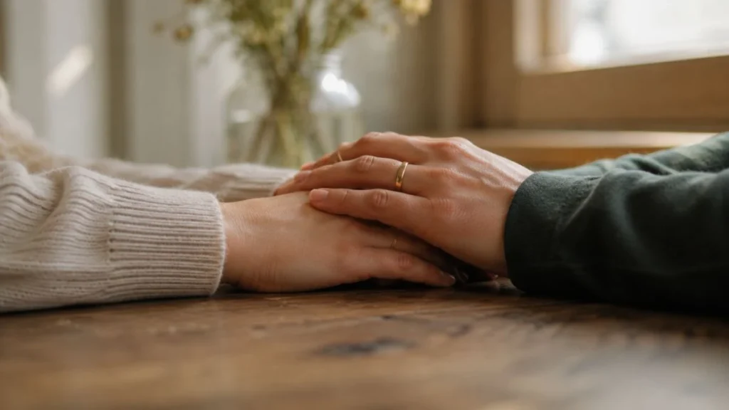 Dua tangan bersama dengan cincin kawin menggambarkan makna spouse artinya pasangan hidup yang sah