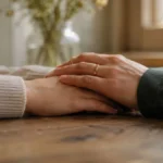 Dua tangan bersama dengan cincin kawin menggambarkan makna spouse artinya pasangan hidup yang sah