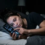 Ilustrasi stalking artinya — seseorang berbaring di kamar gelap menerangi wajahnya dengan cahaya ponsel saat scrolling media sosial