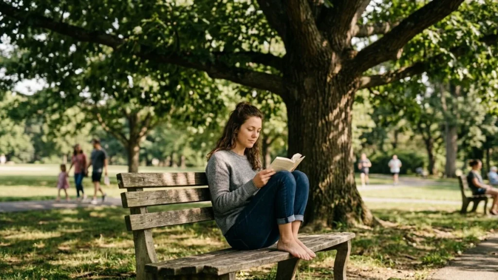 Seseorang duduk santai membaca buku di taman tanpa terburu-buru menggambarkan makna take your time artinya tidak perlu buru-buru