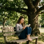 Seseorang duduk santai membaca buku di taman tanpa terburu-buru menggambarkan makna take your time artinya tidak perlu buru-buru